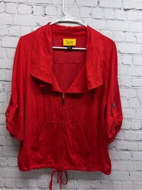 St John Spa Red Zip-Front Jacket with Draped Collar size M